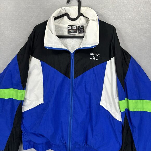 Vintage Spalding Jacket Mens Large Neon Blue Black White Windbreaker 90s Nylon - Picture 2 of 13